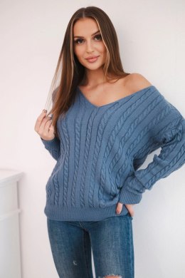 Sweter pleciony z dekoltem V jeansowy  