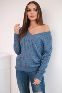 Sweter pleciony z dekoltem V jeansowy  