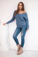 Sweter pleciony z dekoltem V jeansowy  
