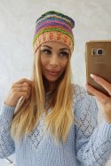 Czapka z polarem Krystyna K207 chabrowy+pomarańczowy  