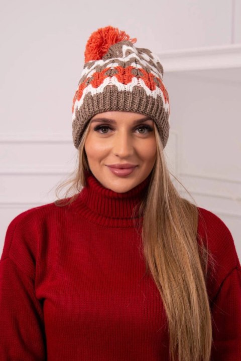 Czapka damska Laila K283 ciemno beżowa+ecru  