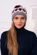 Czapka damska Laila K283 ciemny szary+biały+bordowy  