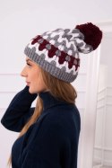 Czapka damska Laila K283 ciemny szary+biały+bordowy  