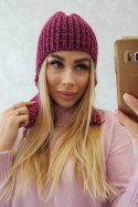 Czapka damska uszatka Jana K314 fuksja+czarny  