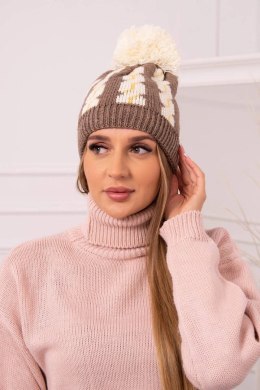 Czapka damska z pomponem Rozalia K323 ecru+mocca  