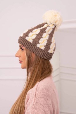 Czapka damska z pomponem Rozalia K323 ecru+mocca  