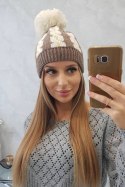 Czapka damska z pomponem Rozalia K323 ecru+mocca  