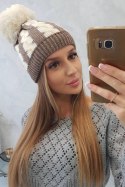 Czapka damska z pomponem Rozalia K323 ecru+mocca  