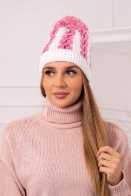Czapka damska z pomponem Rozalia K323 jasny różowy+biały  