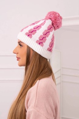 Czapka damska z pomponem Rozalia K323 jasny różowy+biały  