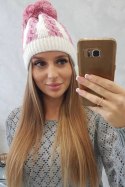 Czapka damska z pomponem Rozalia K323 jasny różowy+biały  