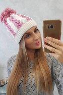Czapka damska z pomponem Rozalia K323 jasny różowy+biały  