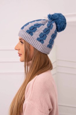 Czapka damska z pomponem Rozalia K323 jeansowy+szary  