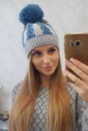 Czapka damska z pomponem Rozalia K323 jeansowy+szary  