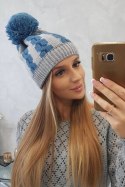 Czapka damska z pomponem Rozalia K323 jeansowy+szary  