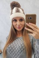 Czapka damska z pomponem Rozalia K323 mocca+ecru  