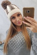 Czapka damska z pomponem Rozalia K323 mocca+ecru  