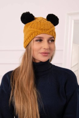 Czapka z polarem 2 pompony K291 musztardowa  
