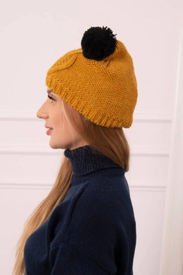 Czapka z polarem 2 pompony K291 musztardowa  