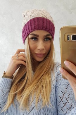 Czapka z polarem Bibiana K264 ciemny fioletowy+jasny beżowy  