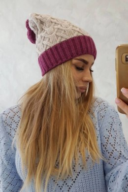 Czapka z polarem Bibiana K264 ciemny fioletowy+jasny beżowy  