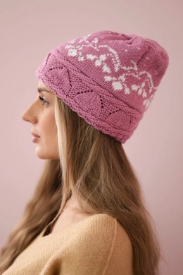 Czapka damska Kira K374 ciemny różowy+biały  