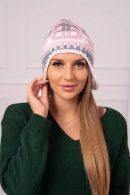 Czapka damska Maryla K406 pudrowy róż+biały+szary  