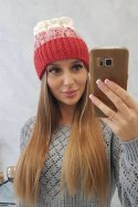 Czapka damska Samara K346 malinowy+ecru  