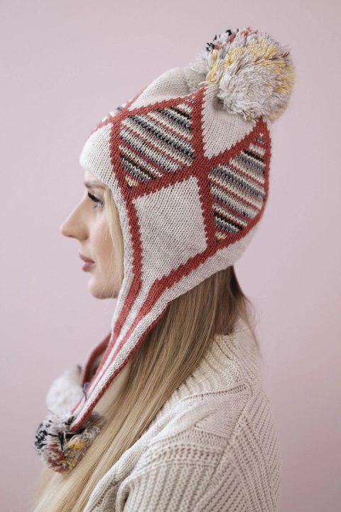 Czapka damska uszatka Eunika K322 beżowy+rudy  