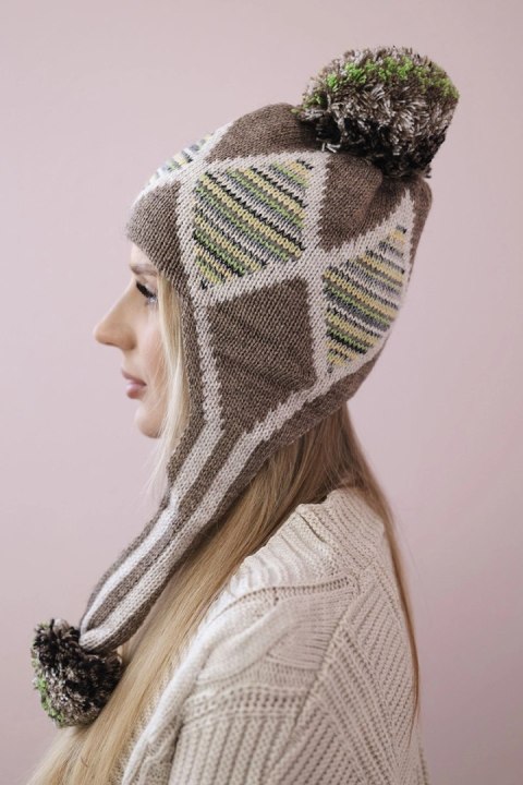 Czapka damska uszatka Eunika K322 cappuccino+beżowy  