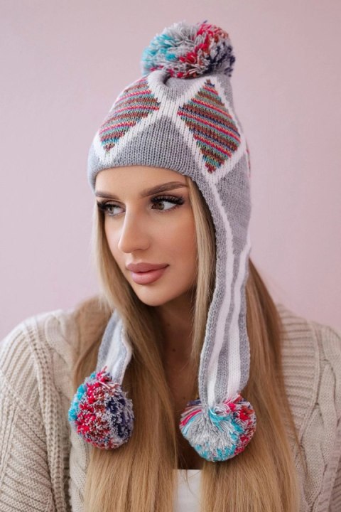 Czapka damska uszatka Eunika K322 szary+czerwony  