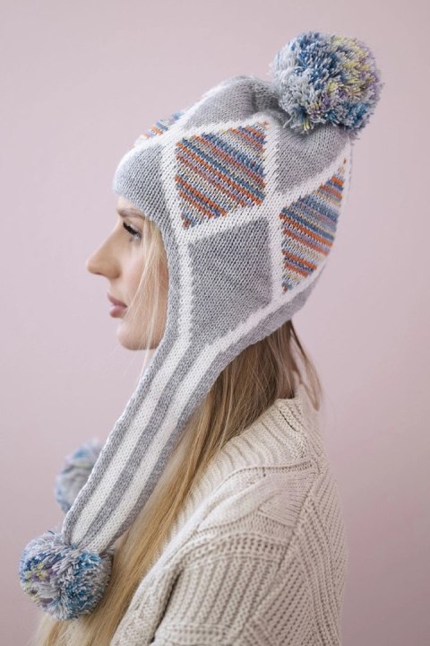 Czapka damska uszatka Eunika K322 szary+niebieski  