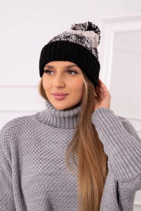 Czapka damska z pomponem Abigail K326 beżowy+czarny  
