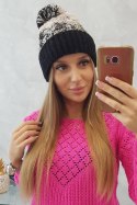 Czapka damska z pomponem Abigail K326 beżowy+czarny  
