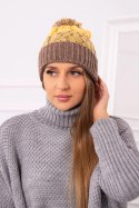Czapka damska z pomponem Abigail K326 cappuccino+żółty  