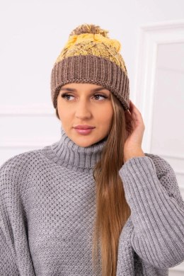 Czapka damska z pomponem Abigail K326 cappuccino+żółty  