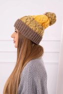 Czapka damska z pomponem Abigail K326 cappuccino+żółty  