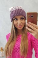 Czapka damska z pomponem Abigail K326 fioletowy+biały  