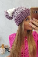 Czapka damska z pomponem Abigail K326 fioletowy+biały  