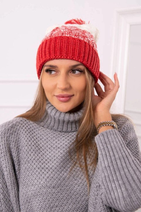 Czapka damska z pomponem Abigail K326 malinowy+ecru Czapka damska z pomponem Abigail K326 malinowy+ecru