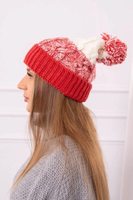 Czapka damska z pomponem Abigail K326 malinowy+ecru  