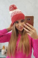 Czapka damska z pomponem Abigail K326 malinowy+ecru  