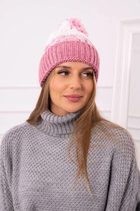 Czapka damska z pomponem Abigail K326 pudrowy róż+ecru  