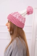 Czapka damska z pomponem Abigail K326 pudrowy róż+ecru  