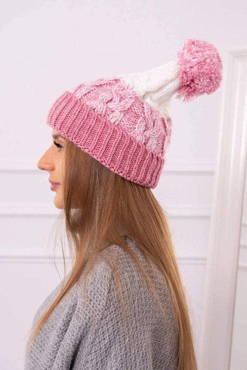 Czapka damska z pomponem Abigail K326 pudrowy róż+ecru Czapka damska z pomponem Abigail K326 pudrowy róż+ecru