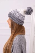 Czapka damska z pomponem Abigail K326 szary+biały  