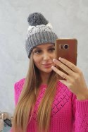Czapka damska z pomponem Abigail K326 szary+biały  