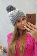 Czapka damska z pomponem Abigail K326 szary+biały  