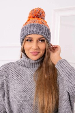 Czapka damska z pomponem Abigail K326 szary+pomarańczowy neon  