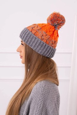 Czapka damska z pomponem Abigail K326 szary+pomarańczowy neon  